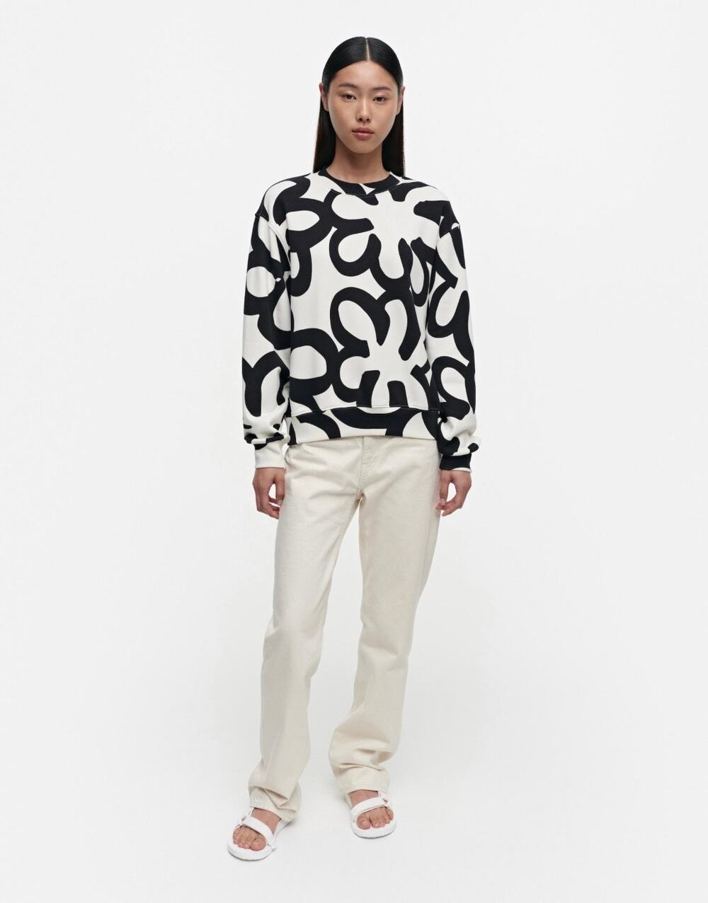 Marimekko Leiot College Jattikukka Black White Printed Boxy Sweatshirt Size XXS